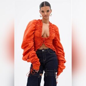 New Akira In It To Win It Ruched Blouse Rust Orange Size Large
